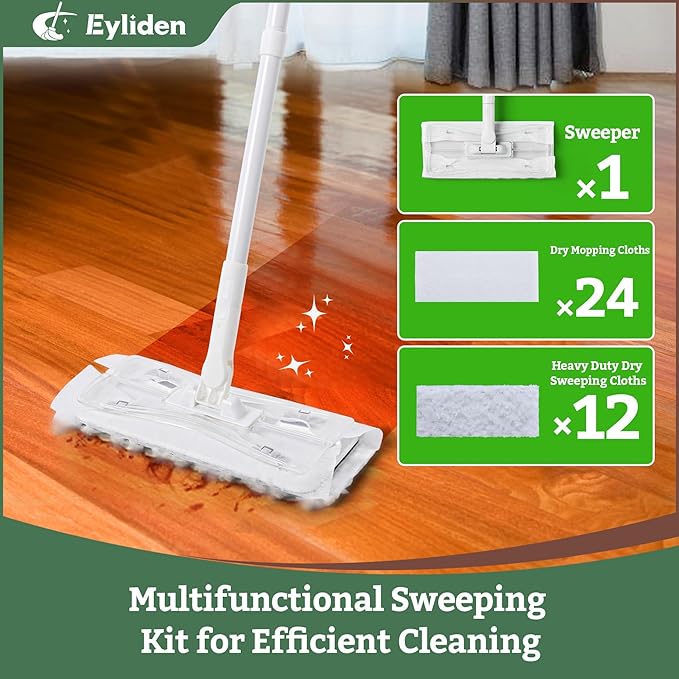 Eyliden Sweeper Mop with 58" Long Handle, 36 Disposable Refills - 12 Heavy-Duty Pet Hair Cleaning Pads, 24 Dry Sweeping Cloths, Dry Dust Mops Kit for Multi Surface Floor Cleaning (White)