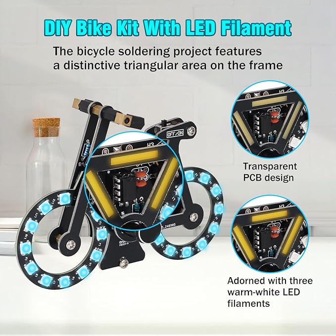 LED Bike Soldering Practice Kit, ICSTATION Knob Control Bicycle Soldering Project With 5 Lighting Modes DIY Bike Kit With LED Filament Brightness Adjustable for Students Education Halloween Present