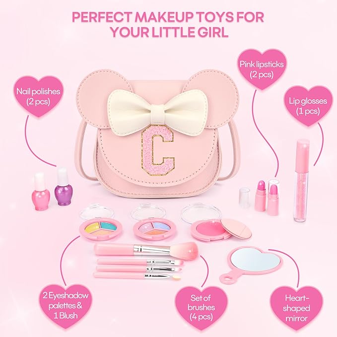 Kids Makeup Kit for Girls - 15 Pcs Real Washable Make Up Set - Non Toxic Toddlers Cosmetic with Letter Mouse Ear Purse - Dress up Birthday Gifts for 3 4 5 6 7 8 Years Old Girls - C