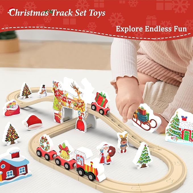 Wooden Railway Set for Kids, 42-Piece Wooden Train Track for Toddlers, Christmas Train Toys for 3 4 5 6 Years Old Compatible with Thomas, Brio