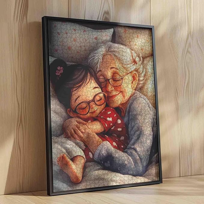 Cute Girl Sleeping with Grandmother 1000 Piece Jigsaw Puzzle for Adults Students Warm Oil Painting Cozy Home Decor Puzzles 20×27 Inches Family Fun Relaxing Game Gift for Women Men Teens Room Art