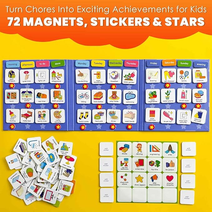 QUOKKA Magnetic Chore Chart for Kids with 72 Routine Magnets & Star Rewards - Foldable Visual Daily Responsibility Schedule and Behavior Chart for Kids - Help Kids Build Good Habits and Independence