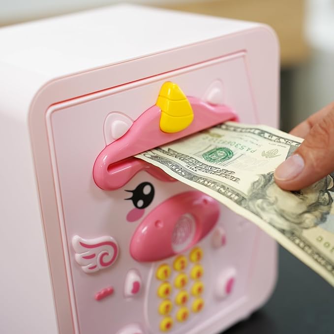 Piggy Bank for Kids - Electronic Money Saving Box w/Code Fingerprint - ATM Safe Toy - Coin Bank Girl Toys for Ages 3 4 5 6 7 8 9 10 Year Old - Birthday Xmas Ideal Gifts for Girls (Pink Unicorn)