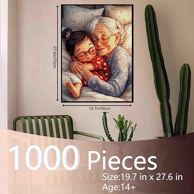 Cute Girl Sleeping with Grandmother 1000 Piece Jigsaw Puzzle for Adults Students Warm Oil Painting Cozy Home Decor Puzzles 20×27 Inches Family Fun Relaxing Game Gift for Women Men Teens Room Art