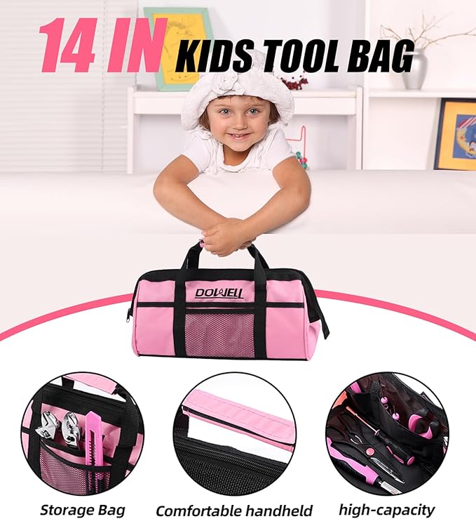 DOWELL 14 Pieces Kids Real Tools Pink Tool Set，Tool Kit with Storage Bag for Boys, Girls, Children DIY Building and Woodworking, Age 8+