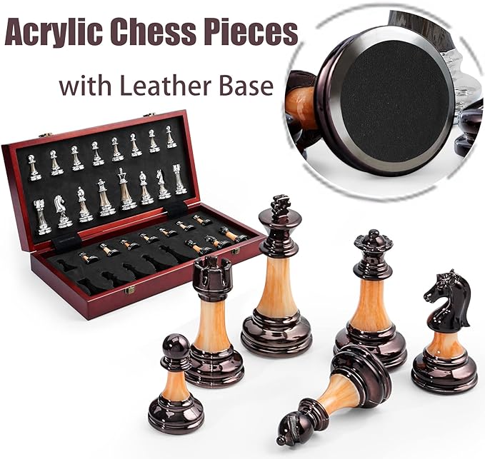 VAMSLOVE Chess Set Large 16''/42cm Folding Wooden Board with Deluxe Weighted Acrylic Chess Pieces - 3.5" King with Storage Slots for Adults House Warming Retirement Gift