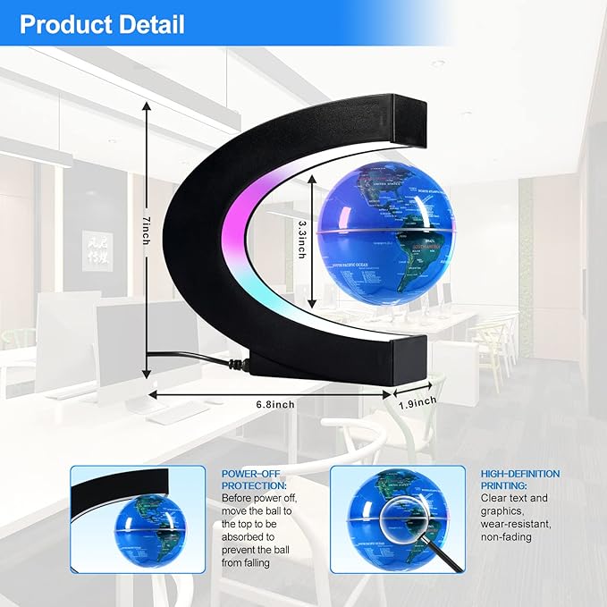 Flagest Magnetic Levitation Floating Globe, Levitating C Shape Globe with LED Lights for Education Home Office Desk Bookshelf Decor, Holiday Anniversary Creative Gift(3.3 Inches)