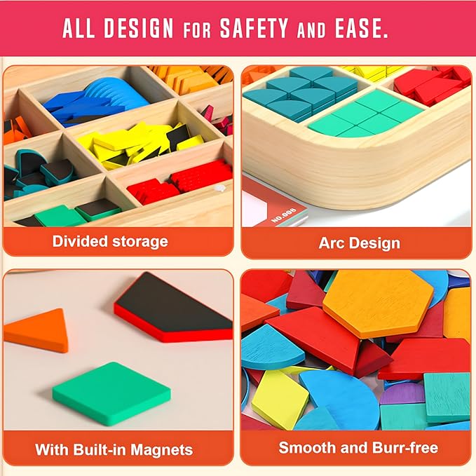 288 PCS Wooden Magnetic Pattern Blocks Set – Montessori Tangram Puzzle with Pattern Cards & Storage Bag | Preschool Montessori Brain Teaser, STEM Gift for 3-8 Years Old Toddler Kids