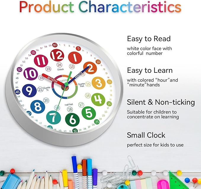 Wall Clock for Kids Learning - Teaching Time Wall Clocks Battery Operated Silent Non Ticking - Analog Colorful Clock Decorative for Kids Room Classroom School(14 Inch&Silver)