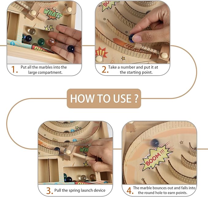 Wooden Marble Run, Marble Game, Wooden Pinball Rolling Toy, Mini Pinball Tabletop Machine with Stand, 10 Glass Marbles