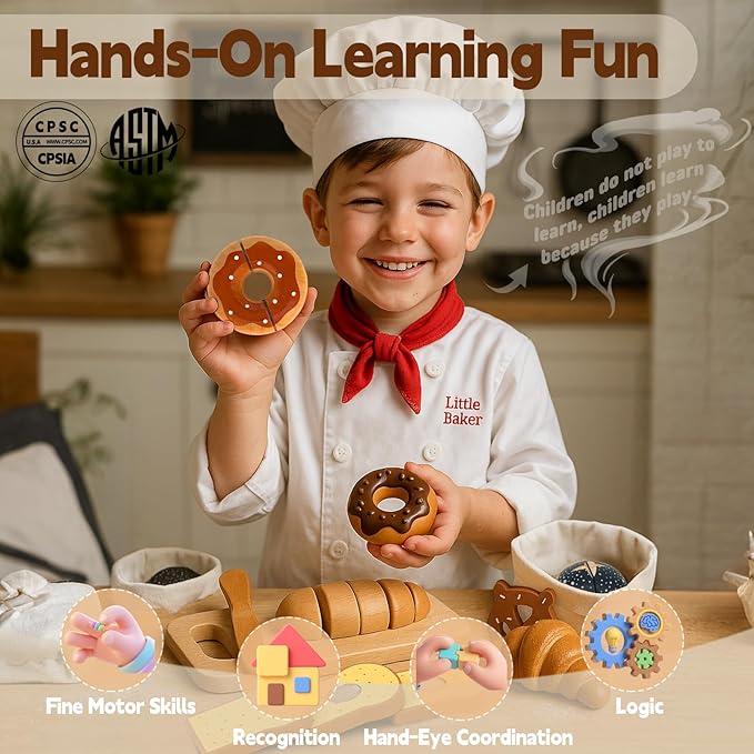 Wooden Food for Play Kitchen 18 PCS Play Food Set for Kids Kitchen Play Kitchen Food with Storage Bag Wooden Bakery Pretend Food Toy for Birthday Gift