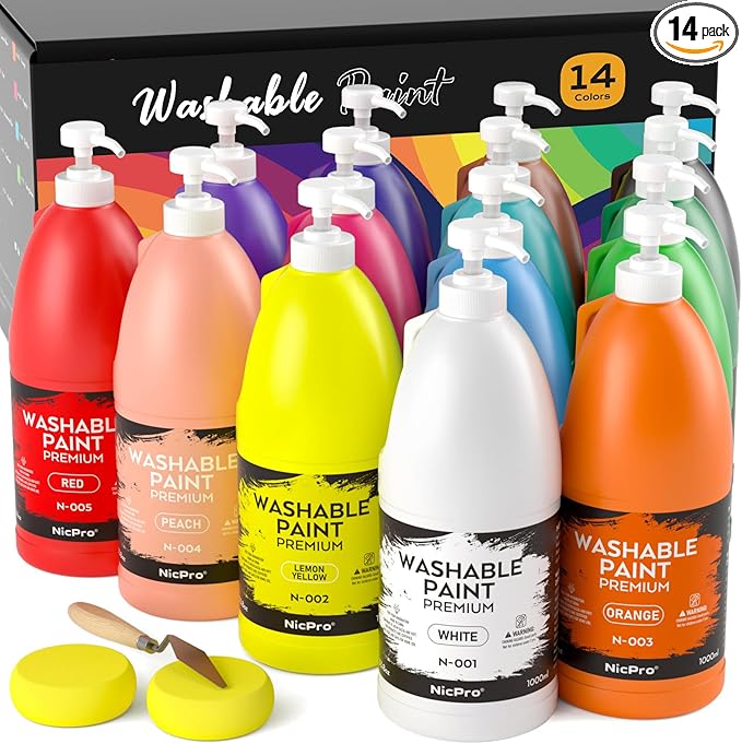 Nicpro 14 Colors Large Washable Paint Set (33.8 oz, 1000ml), Acrylic Bulk Paint Supplies Non Toxic Children Tempera Paint for Art, Craft DIY, Poster & Finger Paint, School, Home,Classroom