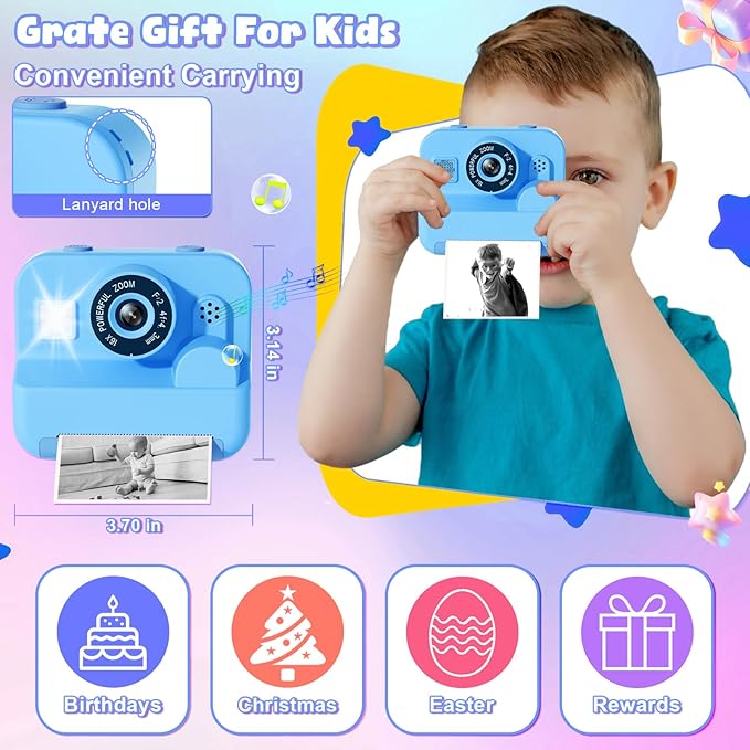 Kids Camera Instant Print - 1080P HD Video Digital Camera for Toddler with Printing Photo Paper, Portable Toy for 4 5 6 7 8 9 10 Years Old, Christmas Birthday Gifts for Boys Girls (Blue)