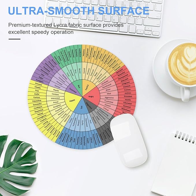 Wheel of Emotions Feelings Chart Therapy Round Mouse Pad Non-Slip Rubber Base Mental Health Computer Gaming Mousepad for School Classroom Counseling Office Home 7.8x7.8 Inches