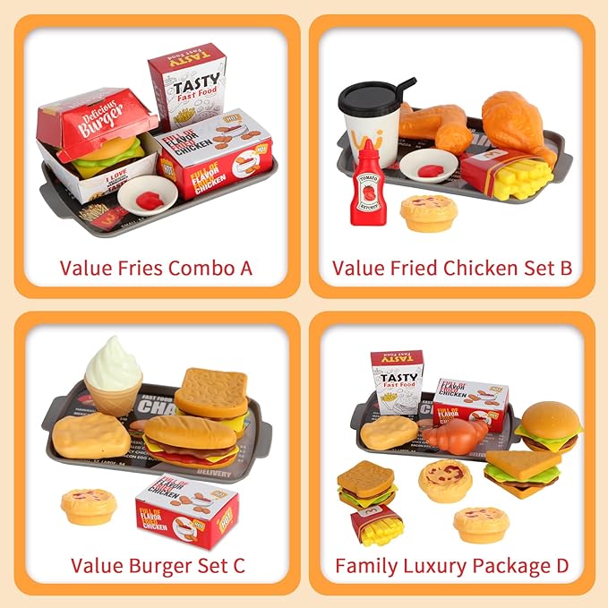 Pretend Play Food Toy for Kids Kitchen with Cash Register, Coffee Maker, 71 Pcs Fast Food Set with Burger, Fries, Ice Cream, Play Money, Educational Birthday Gift for Boys Girls Ages 3-8 (Red)