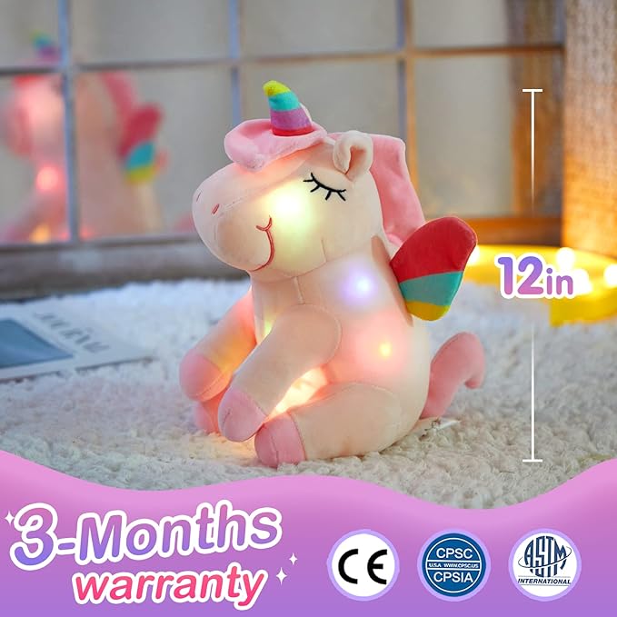 Athoinsu Light up Pink Unicorn Stuffed Animal Soft Plush Toy with LED Colorful Night Lights Glowing Birthday Children's Day Gifts for Kids Toddler Girls Women, 12''