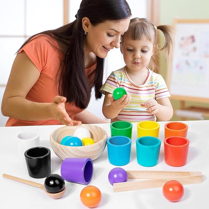 Rainbow Balls in Cups Toddler Toys, Kids Color Classification Cup Game, 10 Color Classification Beads, Wooden Colors Sorting Toy with 10 Ball, Learning Colors Sorting and Counting(10 Color)