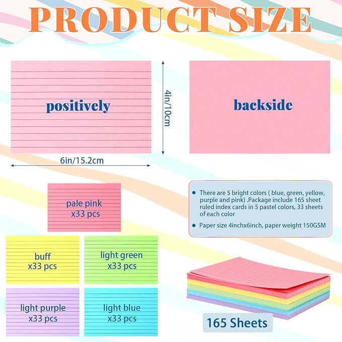 Tecmisse Colored Index Cards 4x6, 165 Pack, Ruled Note Cards, Flash Cards for Studying, Heavy Notecards for Office and School, One Side Lined, One Side Blank