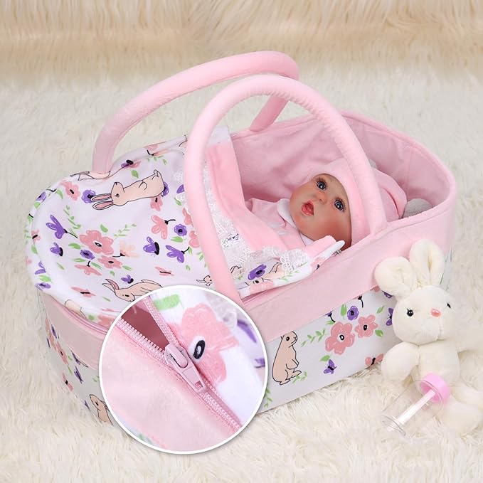 BABESIDE 8 Pcs Reborn Baby Doll Clothes with Bassinet for 17-22 Inch Baby Dolls, Baby Dolls Clothes Doll Accessories Set with Bunny Toy for Newborn Baby Dolls Girl (Not Doll)