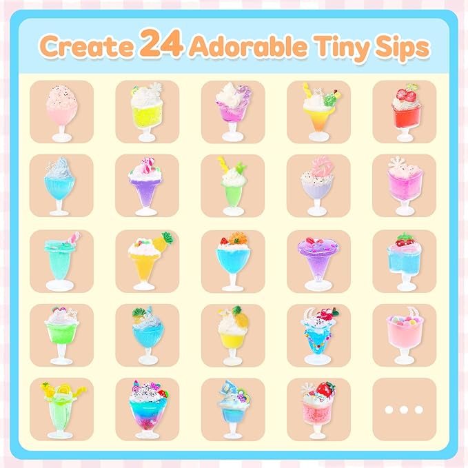 DIY Mini Drink Shop Toy, Making 24 Miniature Juice Drinks Cream Material Kit, NOT Edible, Collectible, Kitchen Pretend Play Food Toys Set, Make Your Foods, Gift for Kids Age 8+
