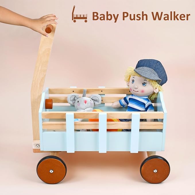PairPear Kids Wagon Toy,Wooden Toys Cargo Walker Cart Wagon Stroller,Toddler Push and Pull Baby Walker Gift for Babies Boys and Girls