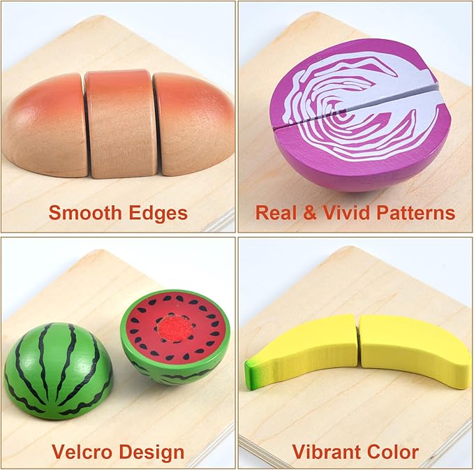 WHOHOLL Wooden Play Food for Kids Play Kitchen Accessories Playset with Basket, Pretend Cutting Food Montessori Toys for 3 4 5 6 Year Old, Velcro Vegetables Fruits Toys Gifts for Fine Motor Skills