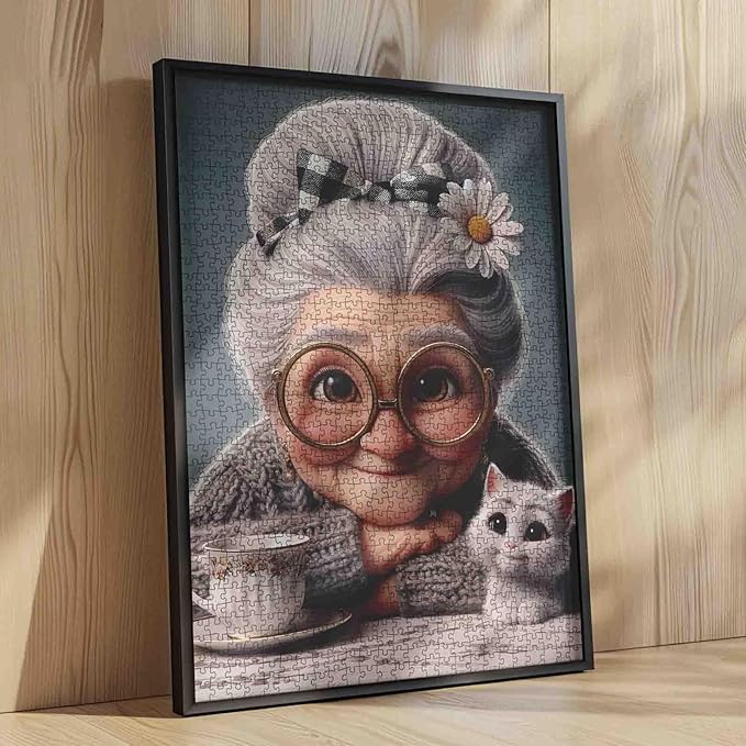 Sweet Grandma 1000 Piece Jigsaw Puzzles for Adults Kitten and Teacup Jigsaw Puzzle for Challenging Family Activity Game Granny Tea Time Artwork Puzzle for Home Decor Unique Gifts 20x27 Inches