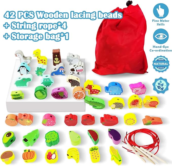 46 PCS Wooden Lacing Beads,Animals Fruits Threading Toys for Toddlers,Preschool Learning Lacing Toys,Montessori Educational Stringing Threading Beads Toys for Kids 3 4 5 6 Year Old Boys Girls