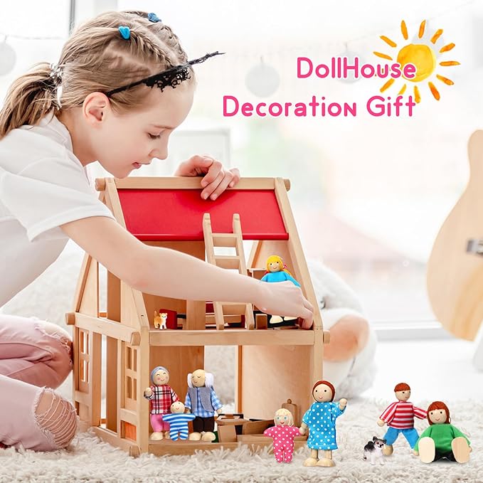 Skylety 10 Pcs Wooden Dollhouse Set of Mini People Figures Dollhouse Dolls Wooden Doll Play Figures Accessories(Pretty Style)