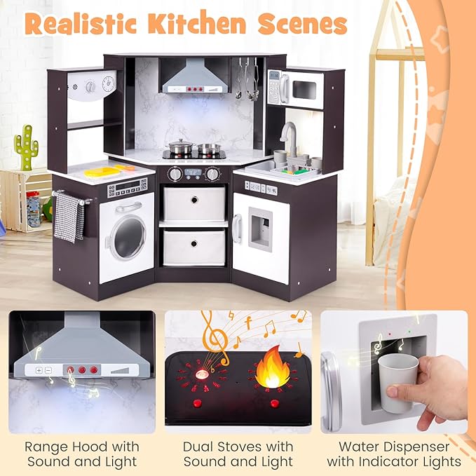 Costzon Corner Play Kitchen, Wooden Toddler Kitchen Playset with Lights and Sounds, Water Circulation System, Washing Machine, Toy Kitchen with Accessories, Kids Kitchen Playset (Brown)