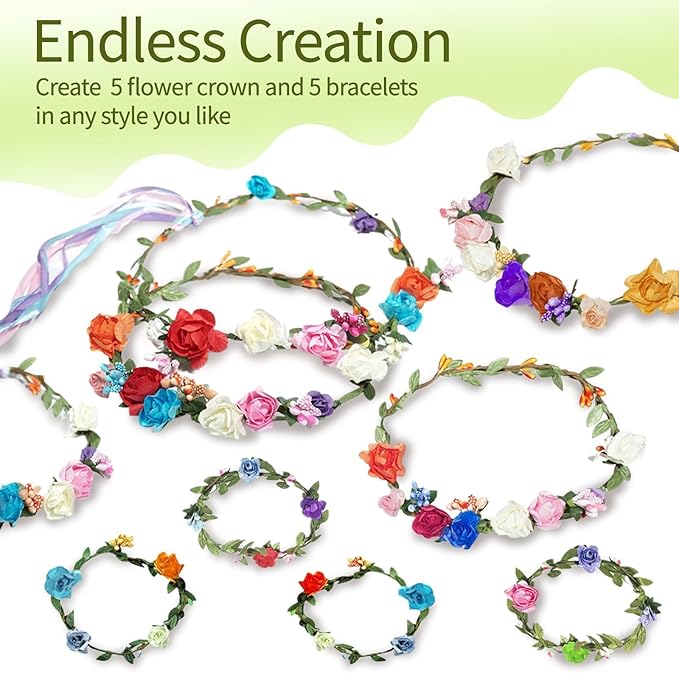 EggSun Flower Crown Making Kit for Girls Kids Gift Tea Party Spring Craft Bracelet DIY Fairy Flower Crown Kit Kids Birthday Party Floral Hair Arts Crafts Spring Easter Gift for Girls 5 6 7 12 Year Old