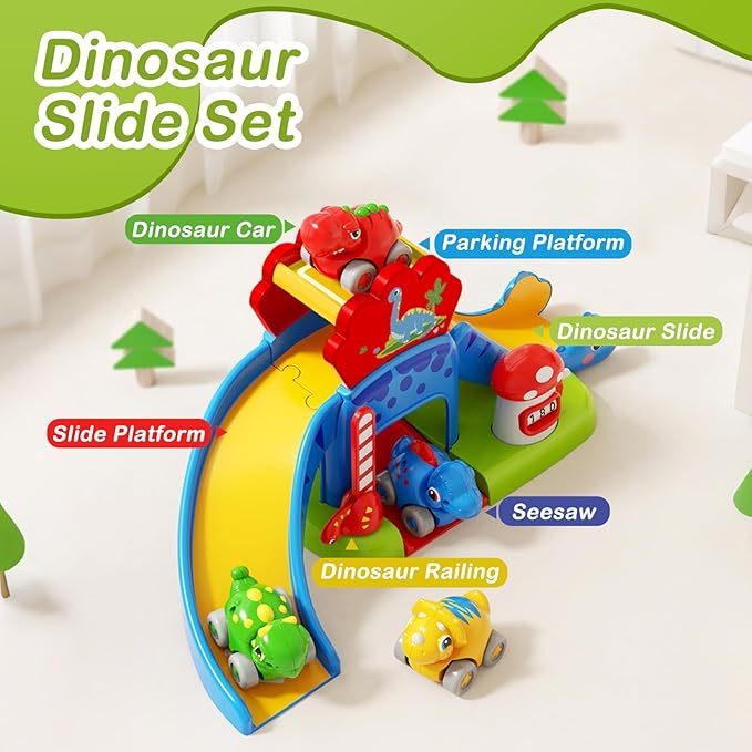 Baby Toys for 1 Year Old Boys & Girls Gift – Dino Slide Set with 4 Color & Number Push Cars – Dinosaur Toy for Toddlers, Montessori Learning Toys for 12-18 Months – 1st Birthday Gifts for Kids
