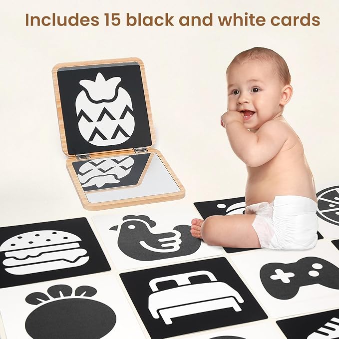 Woodtoe Tummy Time Mirror for Infant, 0-180° Adjustable Baby Mirrors with 15 Black and White Educational Cards, Shatterproof & Portable Baby Safe Mirror Toy, Developmental Baby Gift for 0-6 Months