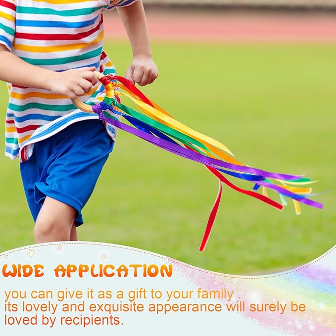 Sumind 6 Pcs Rainbow Ribbon Hand Kites Wands for Kids Dancer Streamer String Toy Thrown Waldorf Wand with Wooden Ring Wand Learning Educational(Vivid Colors)