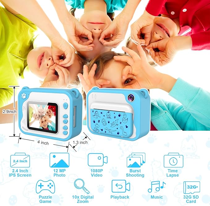 Kids Camera Toddler Camera Instant Print, 1080P Video, 32GB SD Card, Childrens Toy Easter Birthday Gifts for Boys Girls 3 4 5 6 7 8 9 10 11 12 Years Old