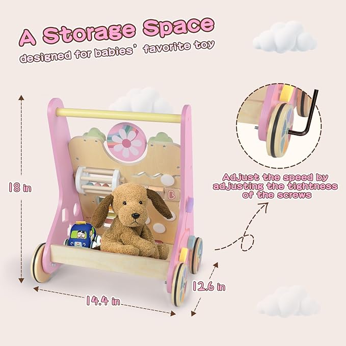 LOL-FUN Wooden Baby Walker for Girls with Wheels, Push Walker for Girl 6-12 Months, Pink Baby Push Toy for 1 Year Old Walking
