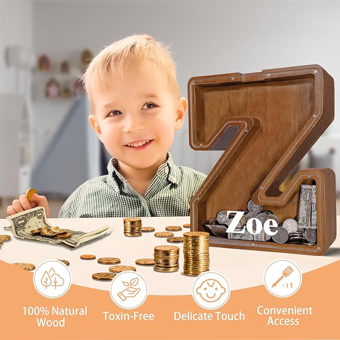 Wooden Letter Piggy Bank for Kids Larger Letter Piggy Bank for Boys and Girls Personalized Piggy Bank Initial Coin Bank Wood Kids Money Bank for Birthday and Festival