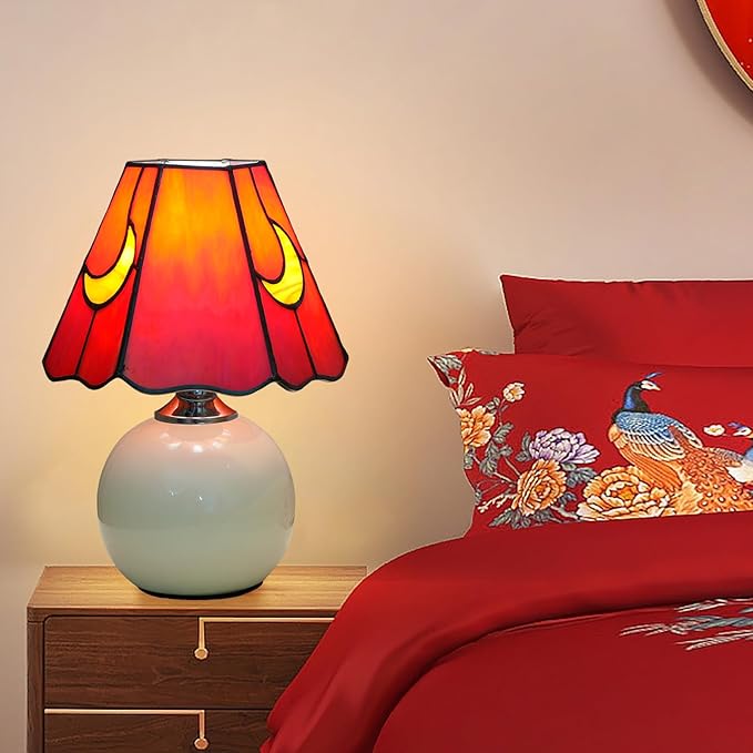 Mushroom Lamp Tiffany Stained Glass Moon lamp Cute Small Bedside Table Lamps for Living Room Home Decor,Girls Women Birthday Christmas Thanksgiving Day Gift,Red