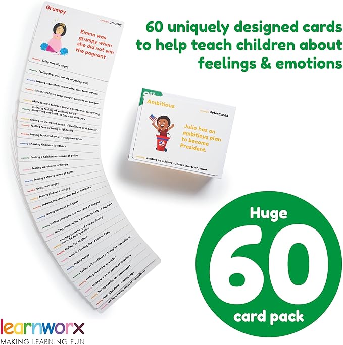 Emotion Cards for Kids, Feeling Cards Game | 60 Emotion & Feeling Flash Cards for Kids | Learn Feelings and Needs Cards | Teach Mixed Emotions & Emotional Intelligence Cards to Children & Toddlers
