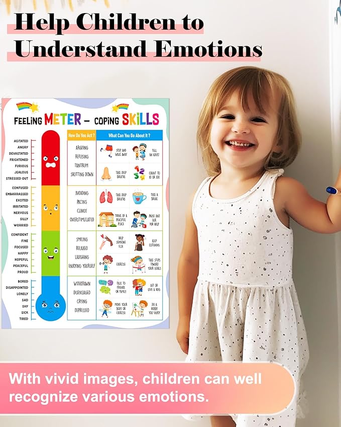 FLYAB Feelings Chart for Kids - Feeling Meter and Coping Skills Mental Health Posters Emotions Educational Poster for Toddlers 1-3 Kindergarten Preschool Classroom Calming Corner Decor