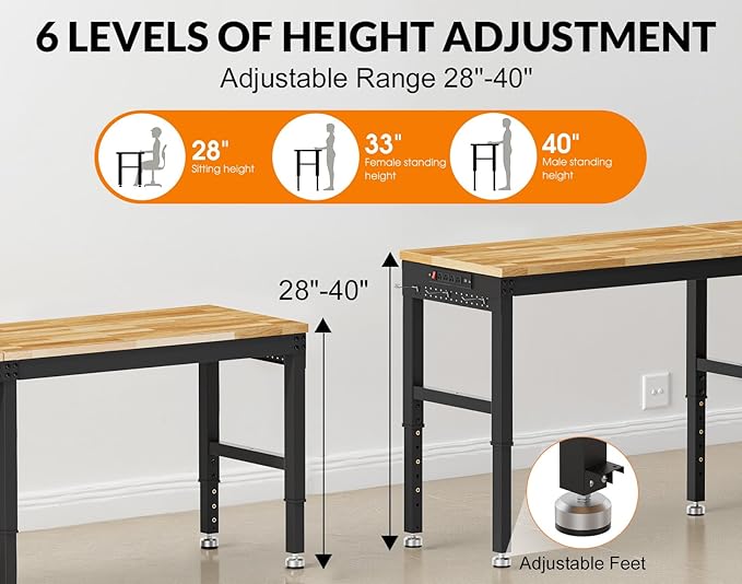 96” Heavy Duty Work Bench, 2-Layer Adjustable Workbench, 5000 LBS Capacity Work Bench with Power Outlet & Pegboard, Rubber Wood Work Table for Garage, Workshop, Office, Home