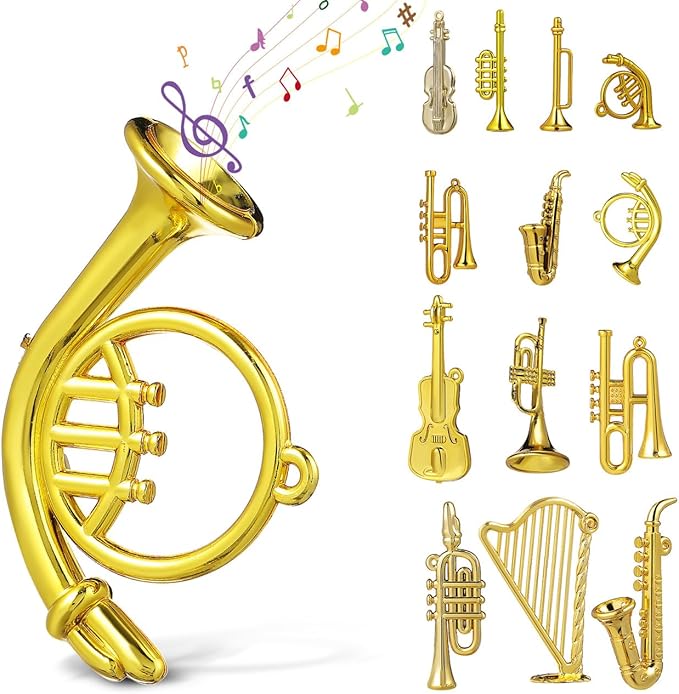 VICASKY 14pcs Mini Musical Instruments Charms Set Christmas Tree Ornaments with Tiny Guitar Trumpet Saxophone Elements Pendants for Dollhouse Accessories Holiday Decorations
