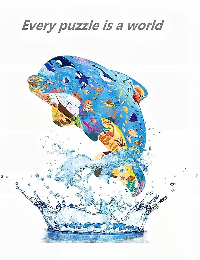 PINU Jigsaw Puzzles for Kids Ages 3-5, 6-8, 8-10, Children Colorful Fun Animal Shaped Puzzle Learning Educational Toys Gifts Games for Boys and Girls (Dolphin-108 PCS)