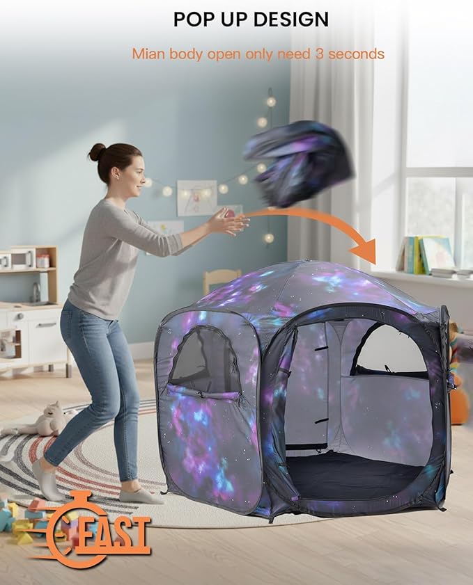 Kids Pop Up Play Tent with Fairy Lights, Hexagonal House with Removable Mat, Indoor Playhouse for Children, Galaxy Theme Gift for 3-4 Kids