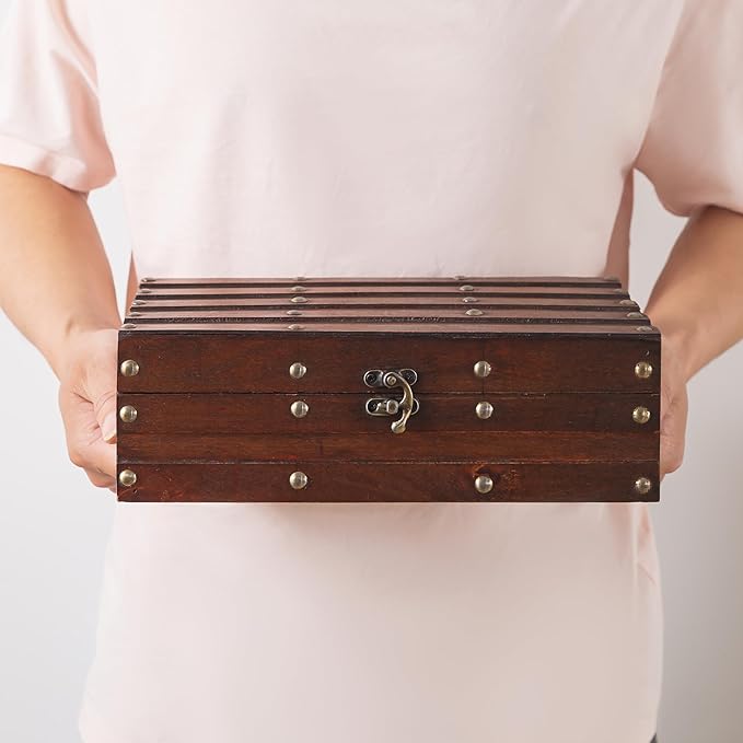 Soul & Lane Vintage Wooden Treasure Chest - Elegant Decorative Storage & Keepsake Box with Antique Hardware, Wood Box Trunk for Photos, Mementos, Office Supplies