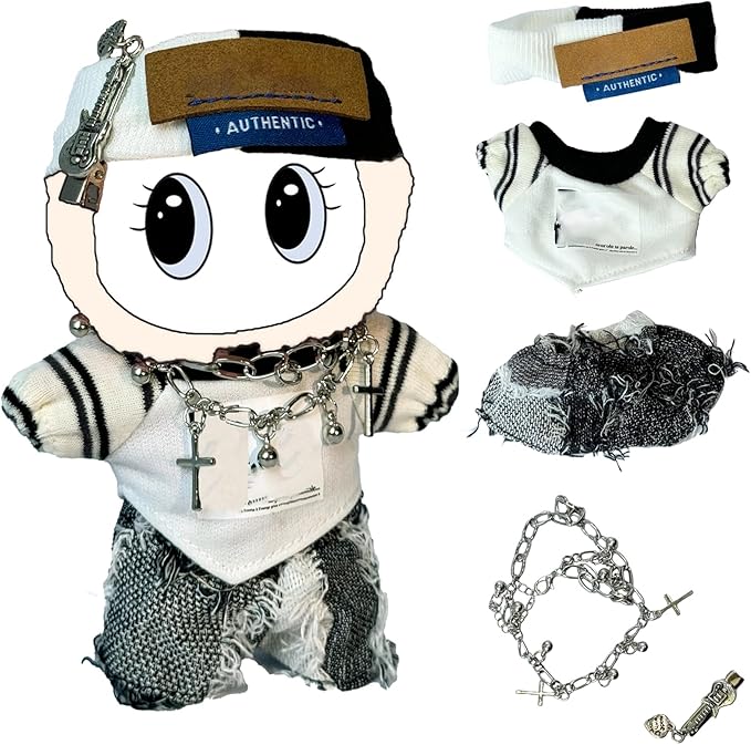 5-Piece Set Clothes for 17cm Doll - Fashion Style Dress Up Doll Outift Set with T Shirt, Pants, Headband, Necklace, Brooch