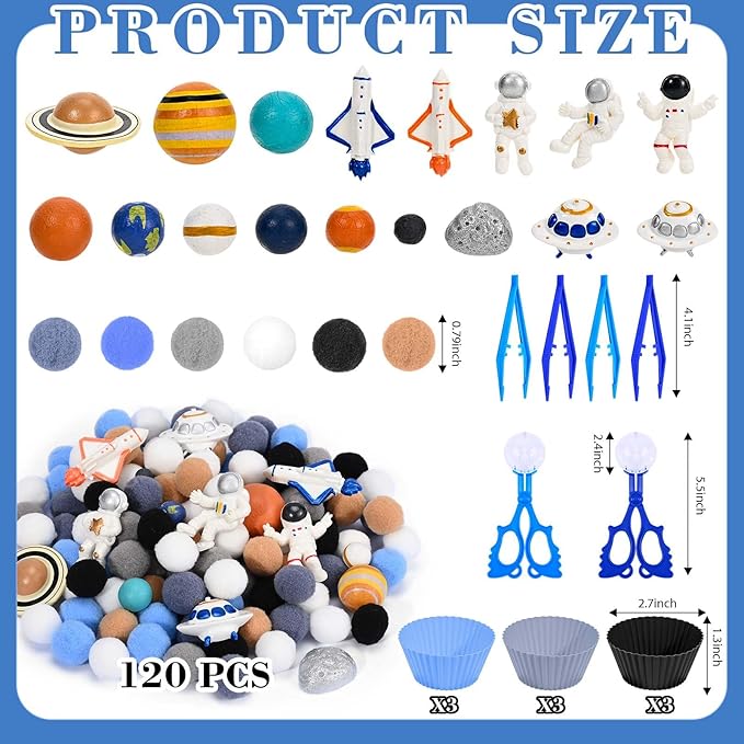 152 Pcs Space Sensory Bin Fillers Outer Space Fine Motor Skills Astronauts Sensory Bin Item Pompoms Cups Tweezers Scissor Clips for Preschool Education Activities Sorting Counting