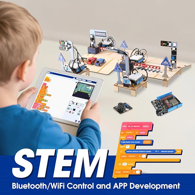 ESP32 IoT Smart Traffic Starter Kit for Kids 10+, 3D Wooden Puzzles STEM Science Kit School Educational Set DIY Crafts Coding Toys for Adults Teens 9 10+
