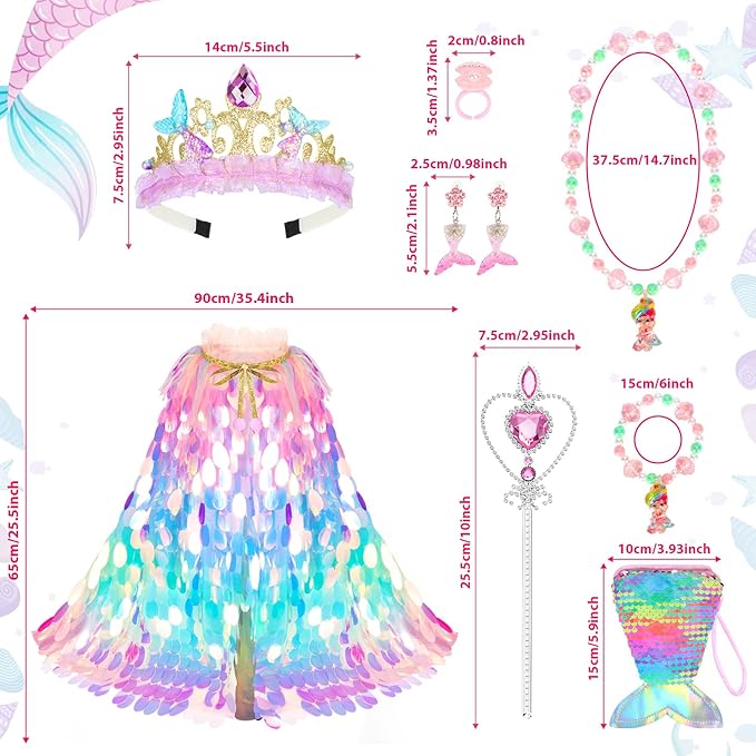 Princess Dress Up Toys Princess Dress Up Clothes Rainbow Mermaid Cape Kit 9 Pcs Gift Set for Little Girls 3-8 Years