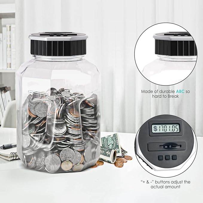 X-Large Piggy Bank for Adults Kids, Vcertcpl Digital Coin Counting Bank with LCD Counter, 2.4L Capacity, Great Coin Counter Bank Money Counting Jar with Total Amount Displayed (Silver, X-Large)